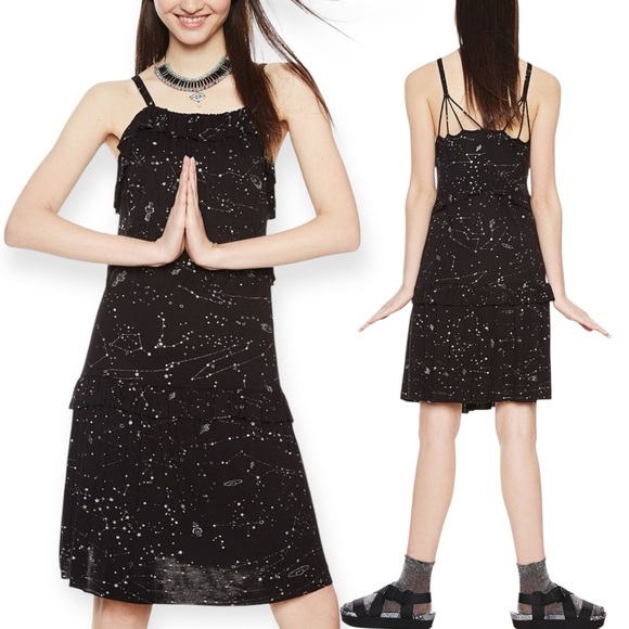 DESIGUAL black slip dress with silver sparkle outer space star constellations S - Picture 12 of 15